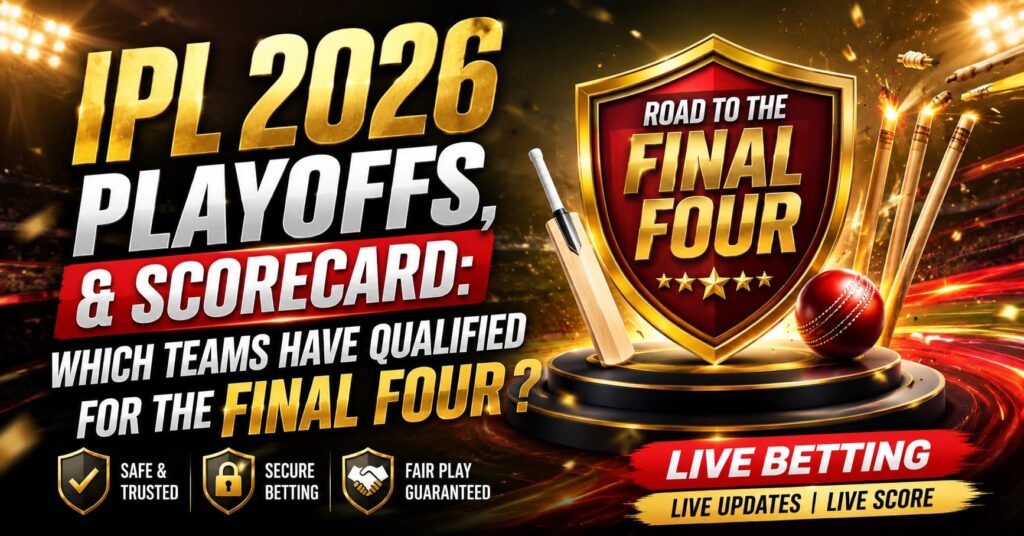 IPL 2026 playoffs scorecard and qualified teams prediction banner by Cricbet99.