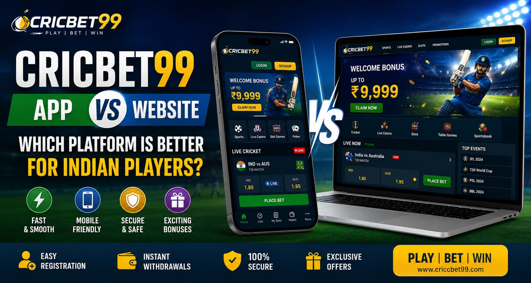 Cricbet99 App vs Website comparison banner for Indian cricket betting players