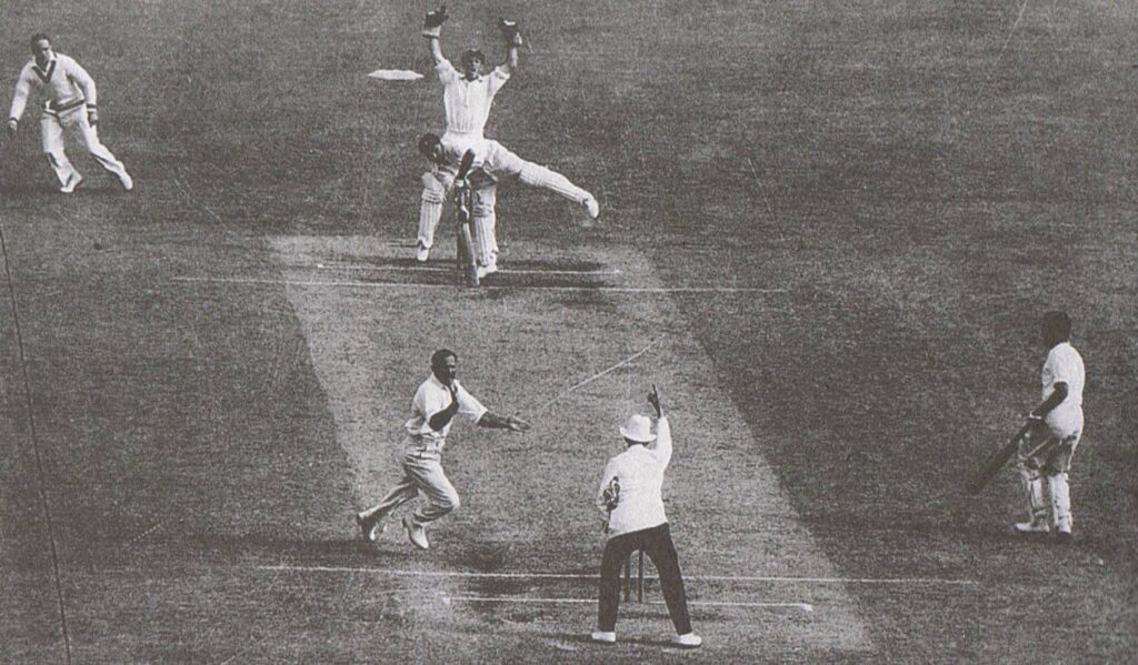 Sid Barnes traps Lala Amarnath lbw in the Test between Australia and India at the MCG in 1948.
